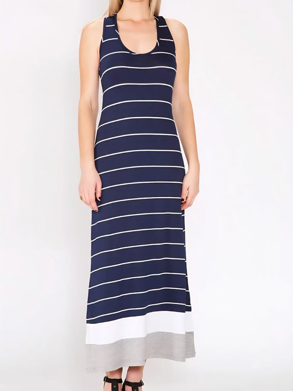 Amour Vert Racerback Tank Maxi Flowy Dress Navy Striped Colorway Woman's Size M